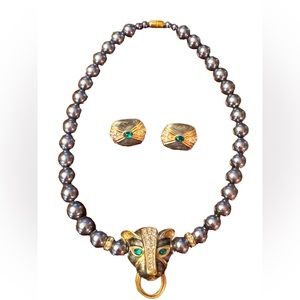 Kenneth Jay Lane  Grey Pearl crystal enameled panther necklace & earrings Set